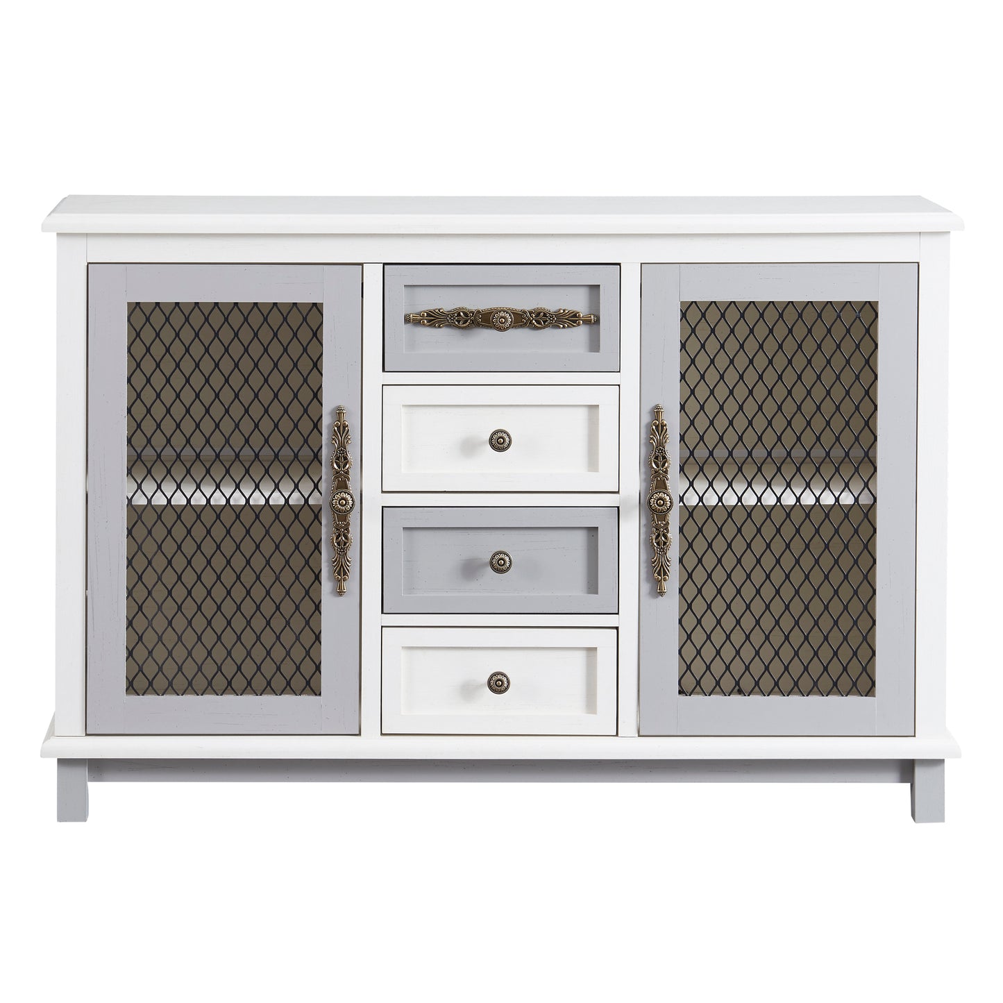 TREXM Retro Style Cabinet with 4 Drawers of the Same Size and 2 Iron Mesh Doors for Living Room and Entryway