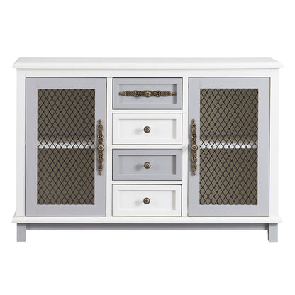 TREXM Retro Style Cabinet with 4 Drawers of the Same Size and 2 Iron Mesh Doors for Living Room and Entryway