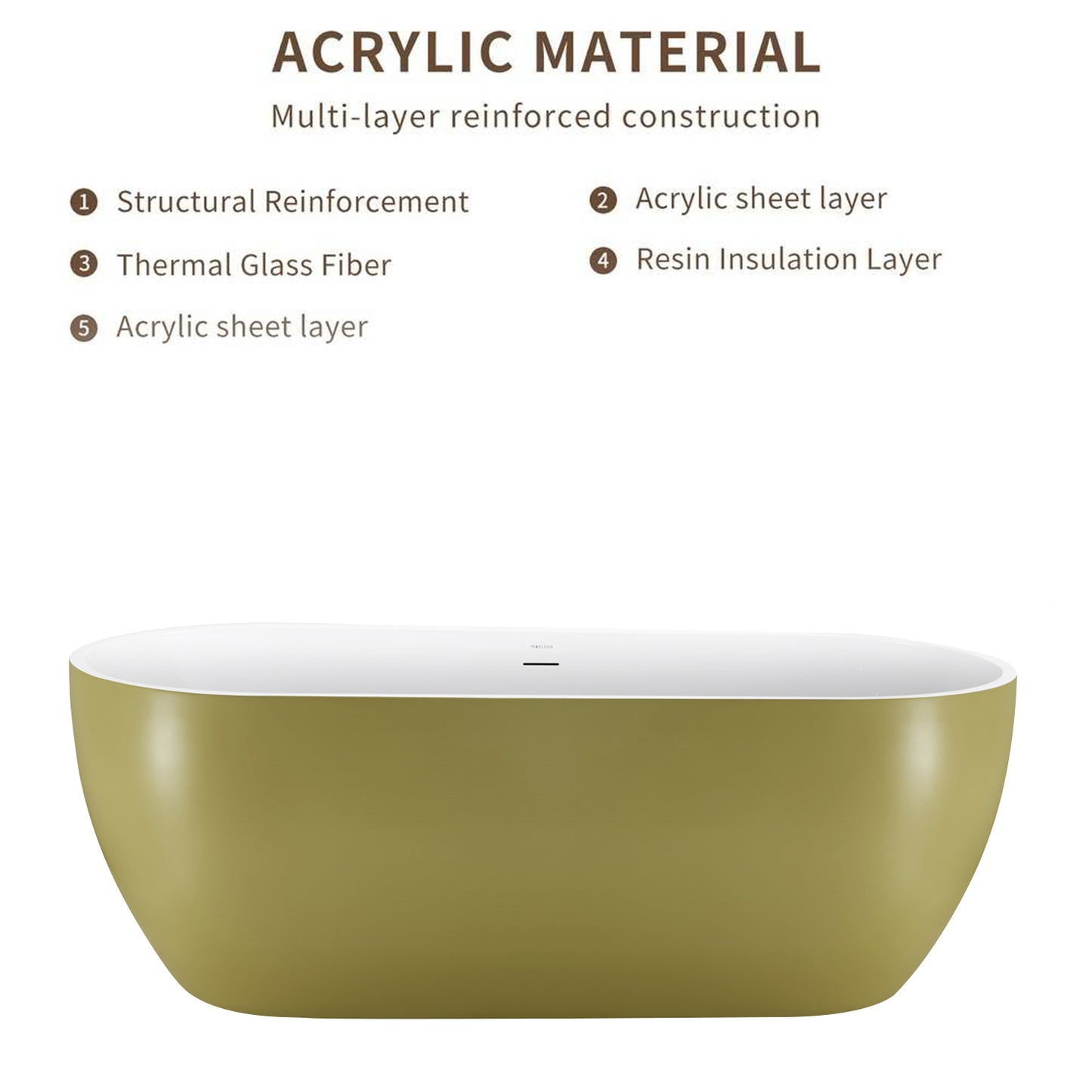 65" 100% Acrylic Freestanding Bathtub，Contemporary Soaking Tub，White inside and gold outside