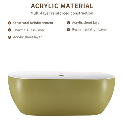 65" 100% Acrylic Freestanding Bathtub，Contemporary Soaking Tub，White inside and gold outside