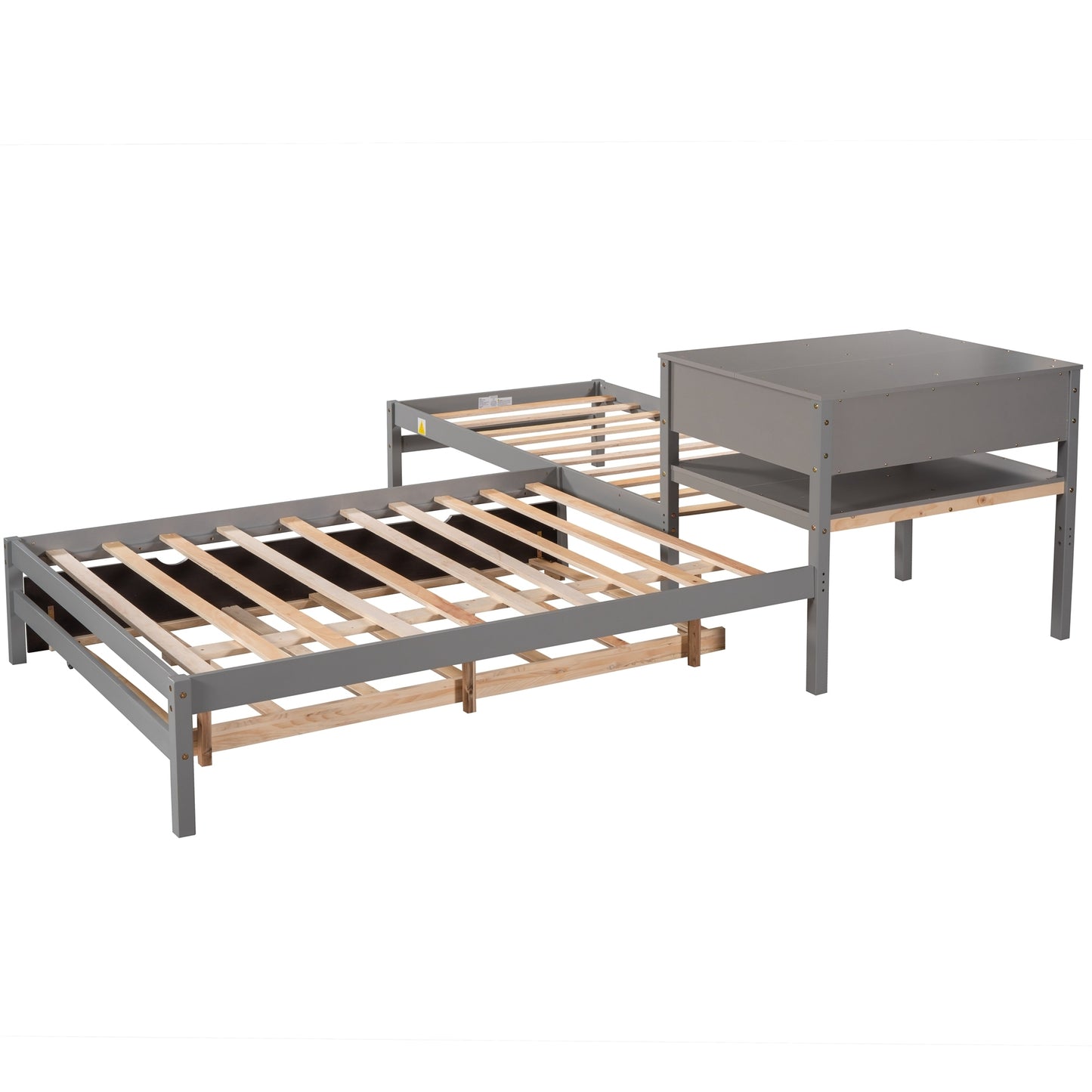 L-Shaped Full Size and Twin Size Platform Beds with Twin Size Trundle and Drawer Linked with Built-in Rectangle Table,Gray