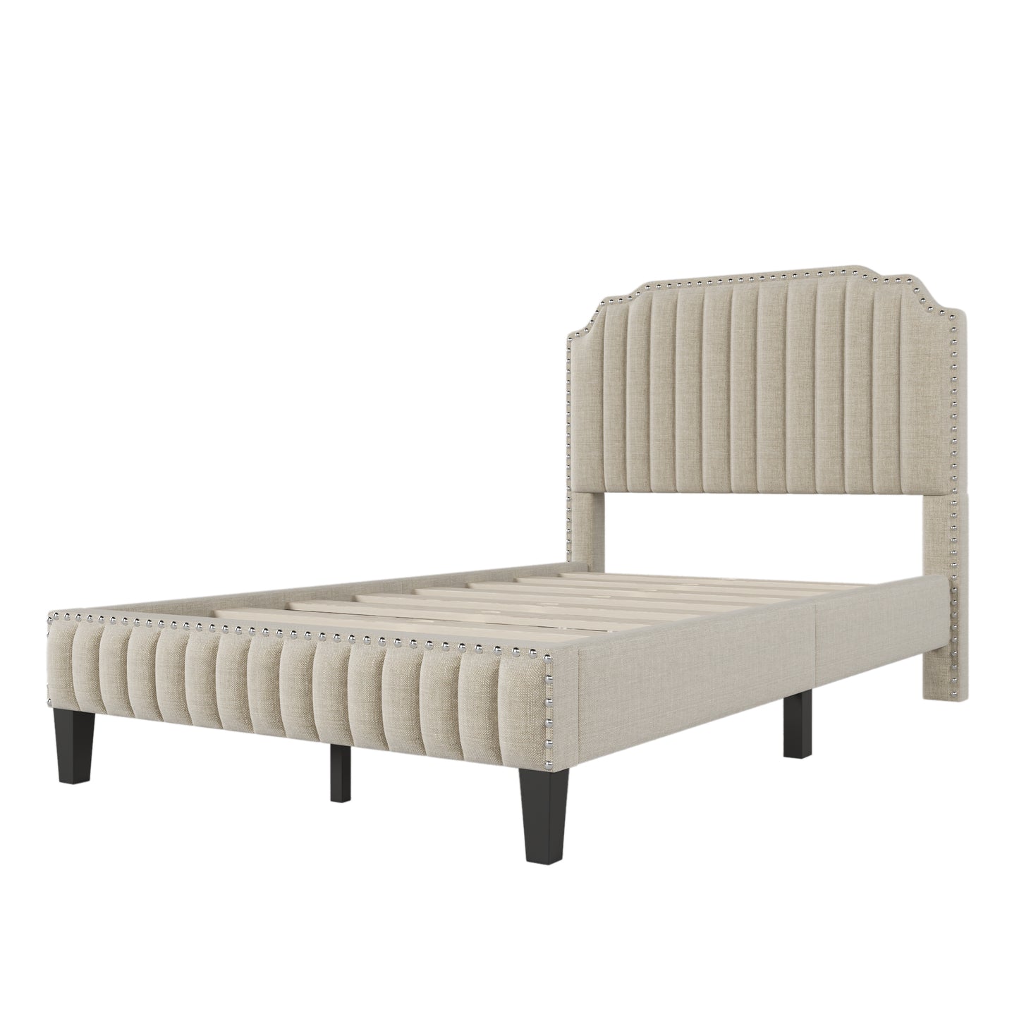 Modern Linen Curved Upholstered Platform Bed , Solid Wood Frame , Nailhead Trim, Cream (Full)