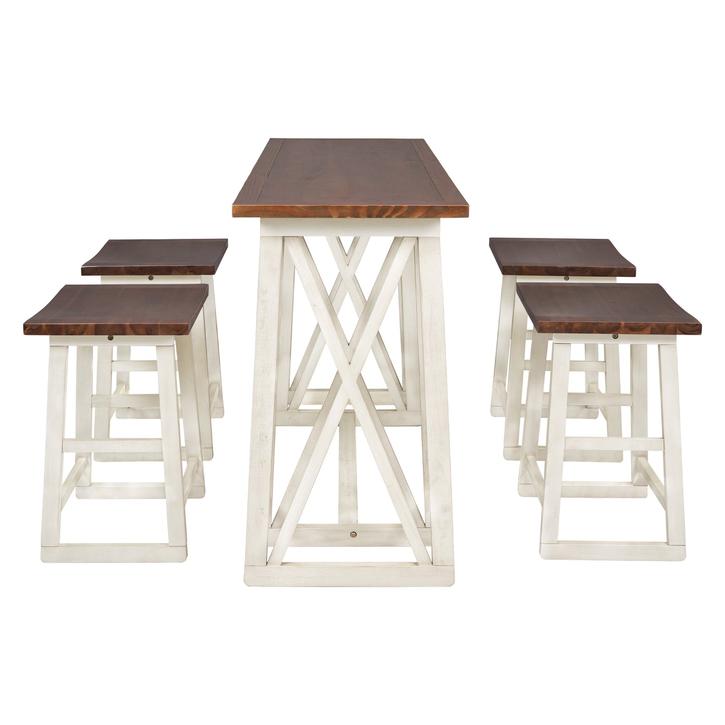 TOPMAX Rustic Counter Height 5-Piece Dining Set, Wood Console Table Set with 4 Stools for Small Places,Walnut+Cream