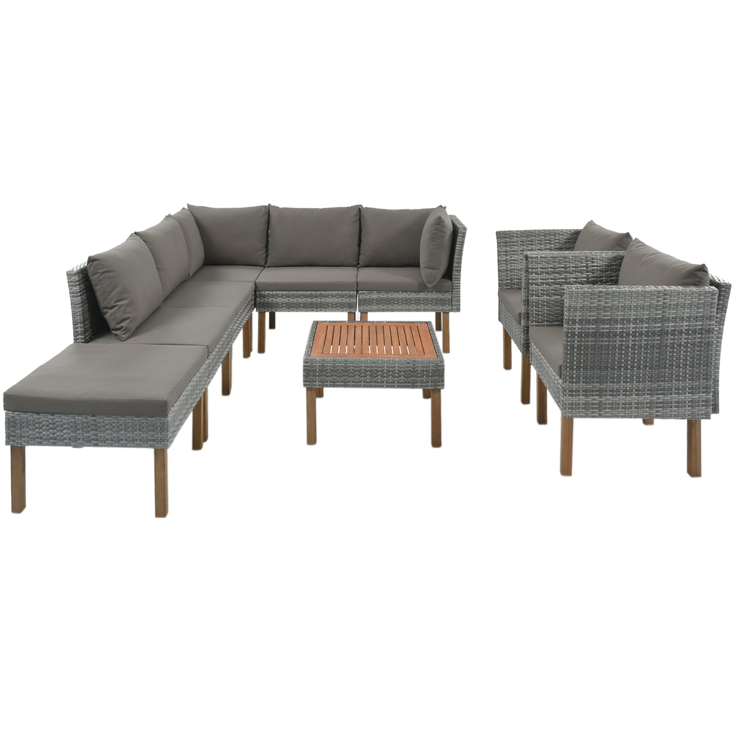 GO 9-Piece Outdoor Patio Garden Wicker Sofa Set, Gray PE Rattan Sofa Set, with Wood Legs, Acacia Wood Tabletop, Armrest Chairs with Gray Cushions