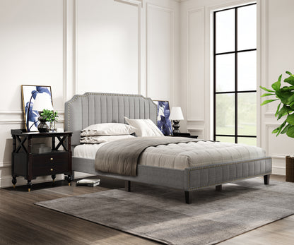 Modern Linen Curved Upholstered Platform Bed , Solid Wood Frame , Nailhead Trim (King)