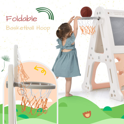 7-in-1 Toddler Climber and Slide Set Kids Playground Climber Slide Playset with Tunnel, Climber, Whiteboard,Toy Building Block Baseplates, Basketball Hoop Combination for Babies