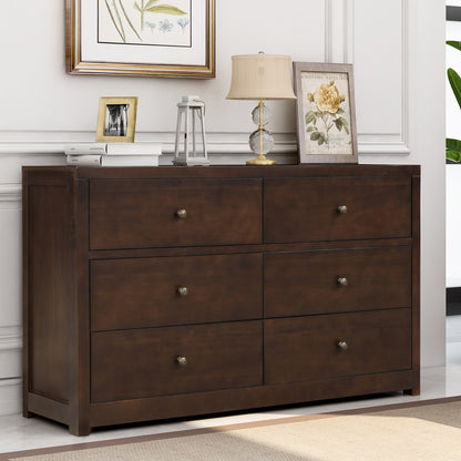 Vintage Aesthetic Solid Wood 6 Drawer Double Dresser in Rich Brown (Dresser of Freely Configurable Bedroom Sets)