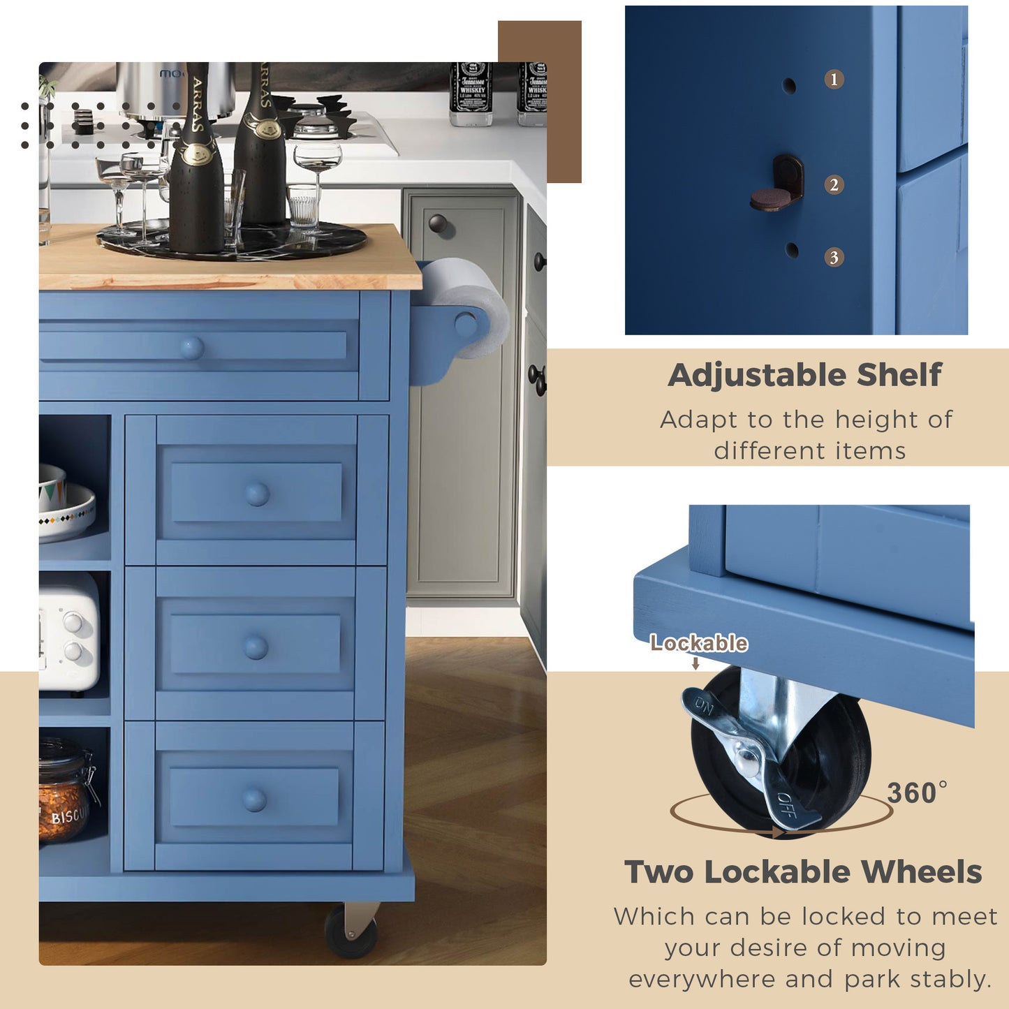 K&K kitchen cart with Rubber wood desktop rolling mobile kitchen island with storage and 5 draws 53 Inch width （Blue）