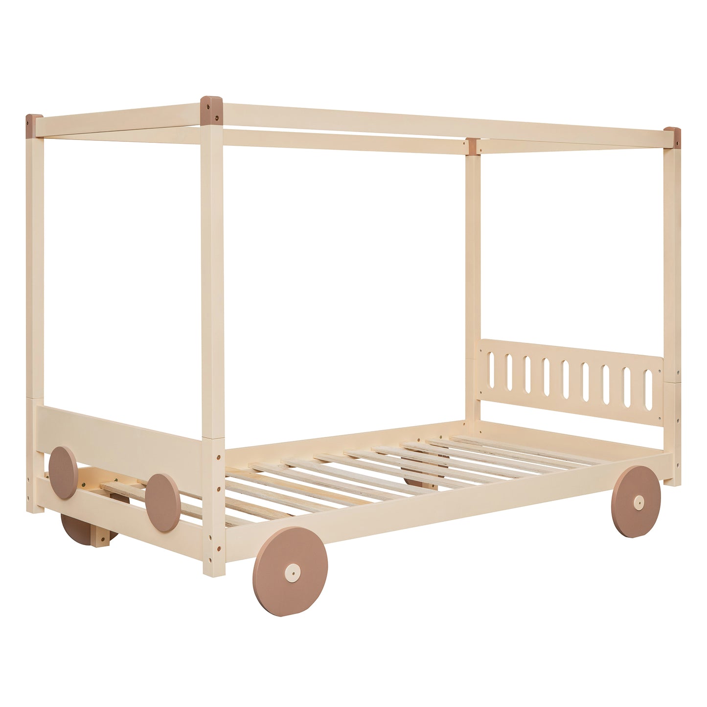 Twin Size Canopy Car-Shaped Platform Bed,Natural+Brown