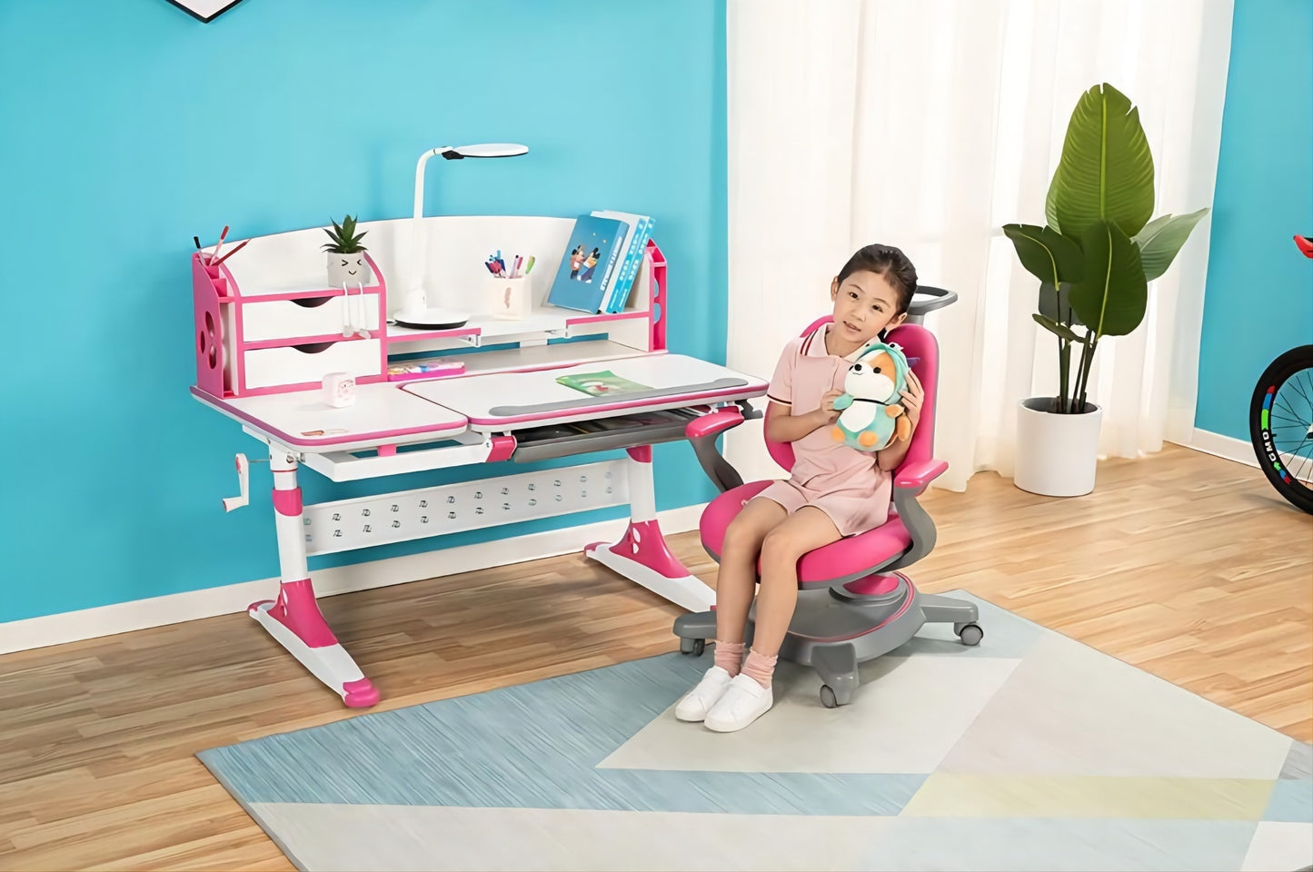 Ergonomic Multi Function Adjustable Kids Study Desk & Hutch Model E Pink Color