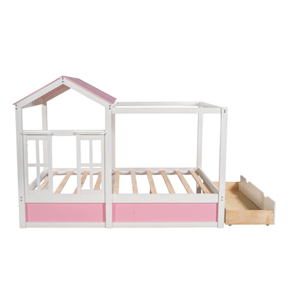 Full Size House Bed with Roof, Window and Drawer - Pink + White