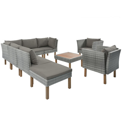 GO 9-Piece Outdoor Patio Garden Wicker Sofa Set, Gray PE Rattan Sofa Set, with Wood Legs, Acacia Wood Tabletop, Armrest Chairs with Gray Cushions