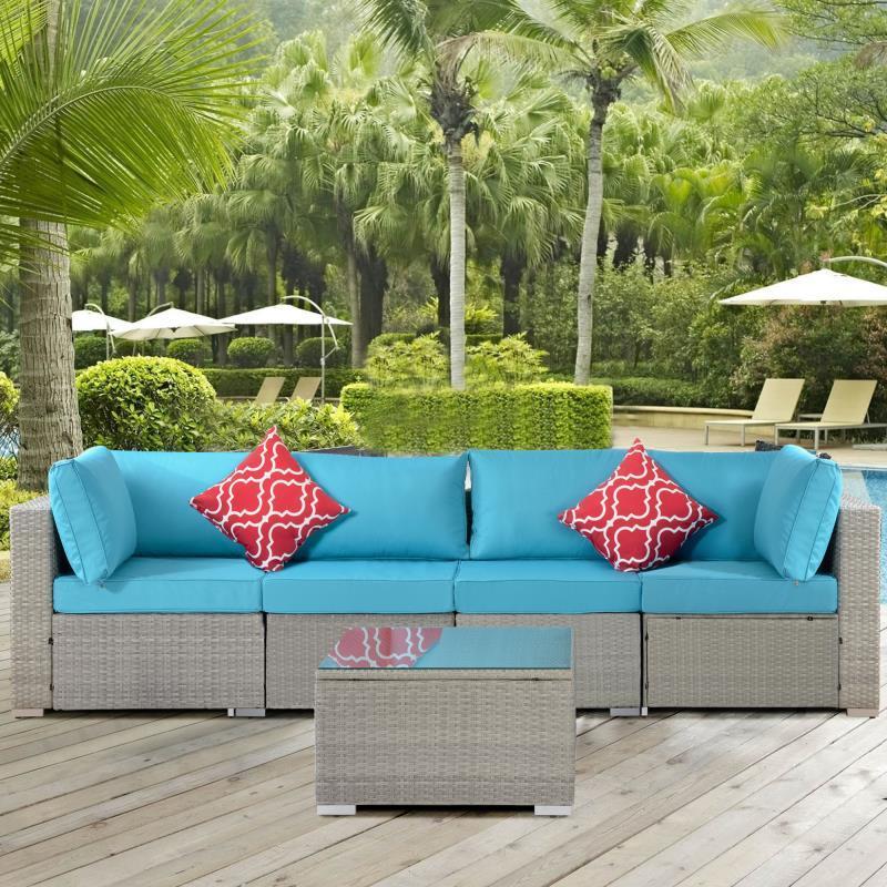 Outdoor Garden Patio Furniture 5-Piece PE Rattan Wicker Cushioned Sofa Sets with 2 Pillows and Coffee, outdoor couch；outdoor sectional；porch furniture；patio couch；outdoor sofa；patio furniture set