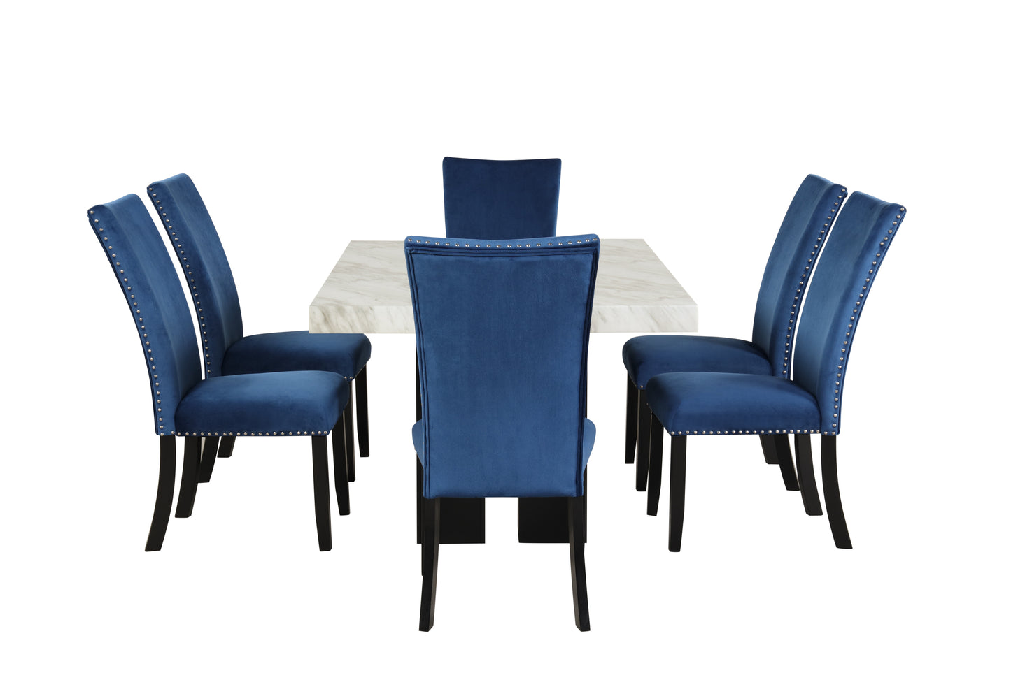 7-piece Dining Table Set with 1 Faux Marble Dining Rectangular Table and 6 Upholstered-Seat Chairs ,for Dining room and Living Room ,Blue