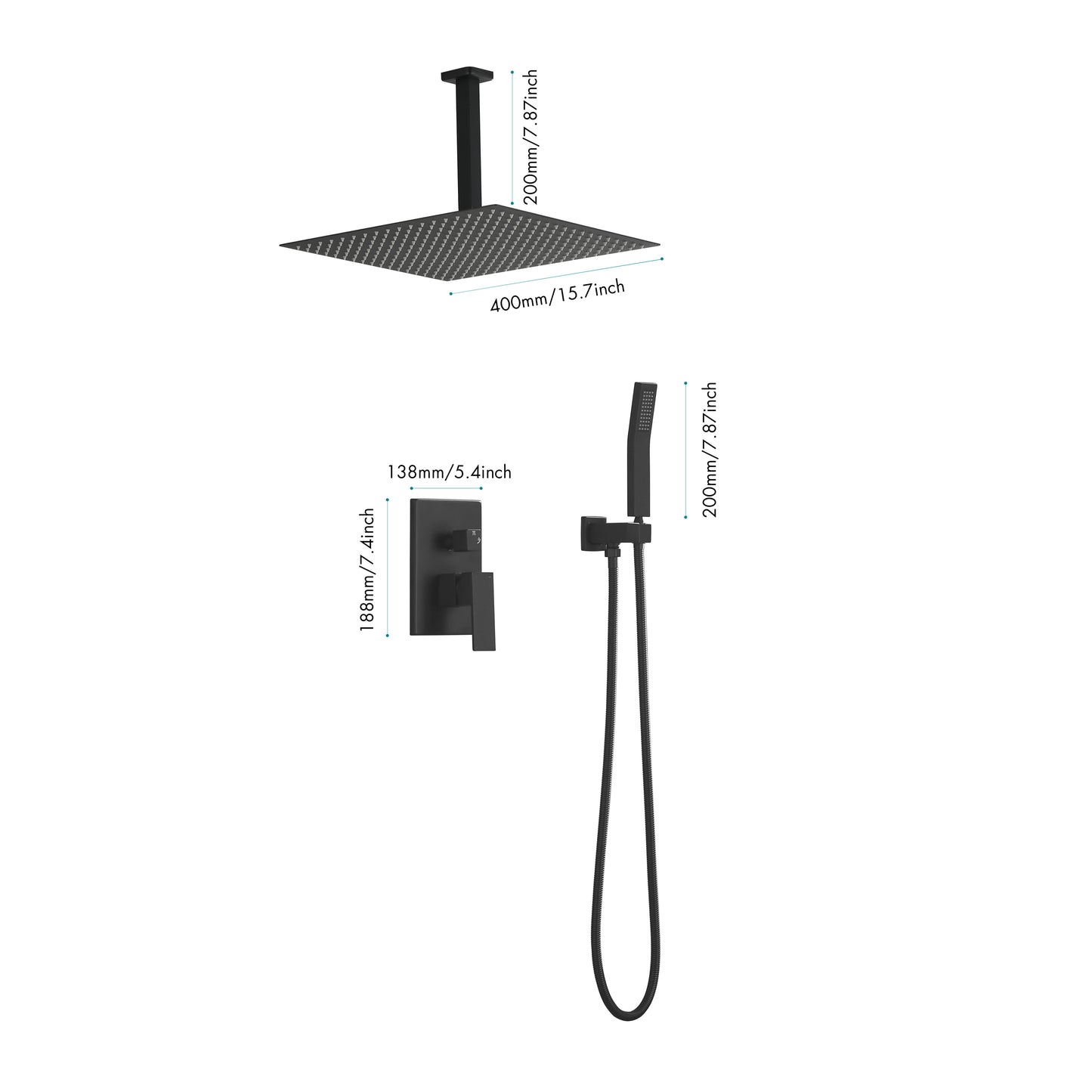16 Inches Matte Black Shower Set System Bathroom Luxury Rain Mixer Shower Combo Set Ceiling Mounted Rainfall Shower Head Faucet (Contain Shower Faucet Rough-In Valve Body and Trim)