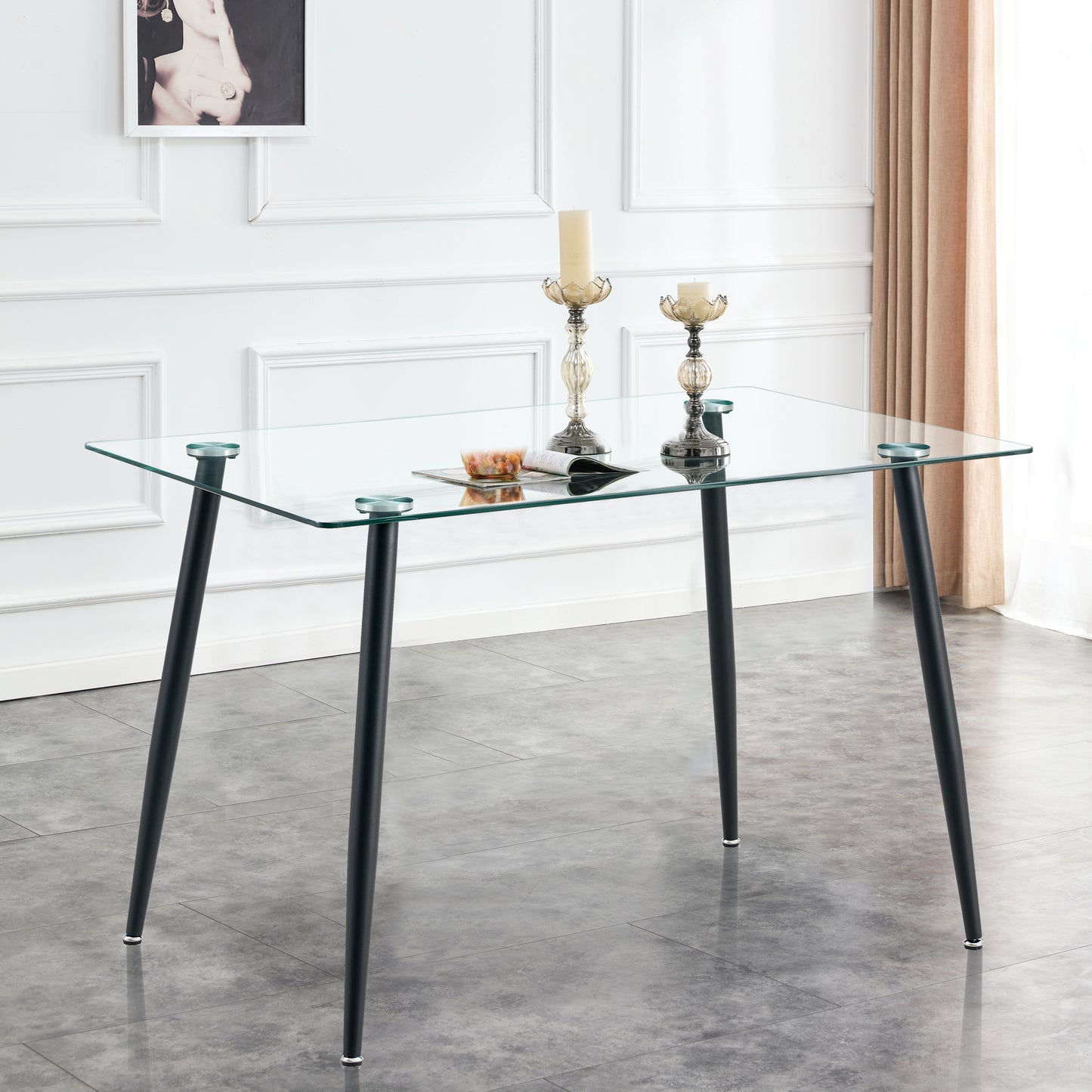 Modern Minimalist Rectangular Glass Dining Table for 4-6 with 0.31" Tempered Glass Tabletop and Black Coating Metal Legs, Writing Table Desk, for Kitchen Dining Living Room, 47" W x 31"D x 30" H