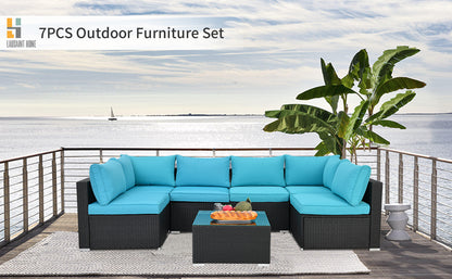 7 Pieces Patio Furniture Sets,Luxury Outdoor All Weather PE Rattan Wicker Lawn Conversation Sets,Garden Sofa Set w/Coffee Table and Couch Cushions for Backyard, Pool (Blue-7PCS)