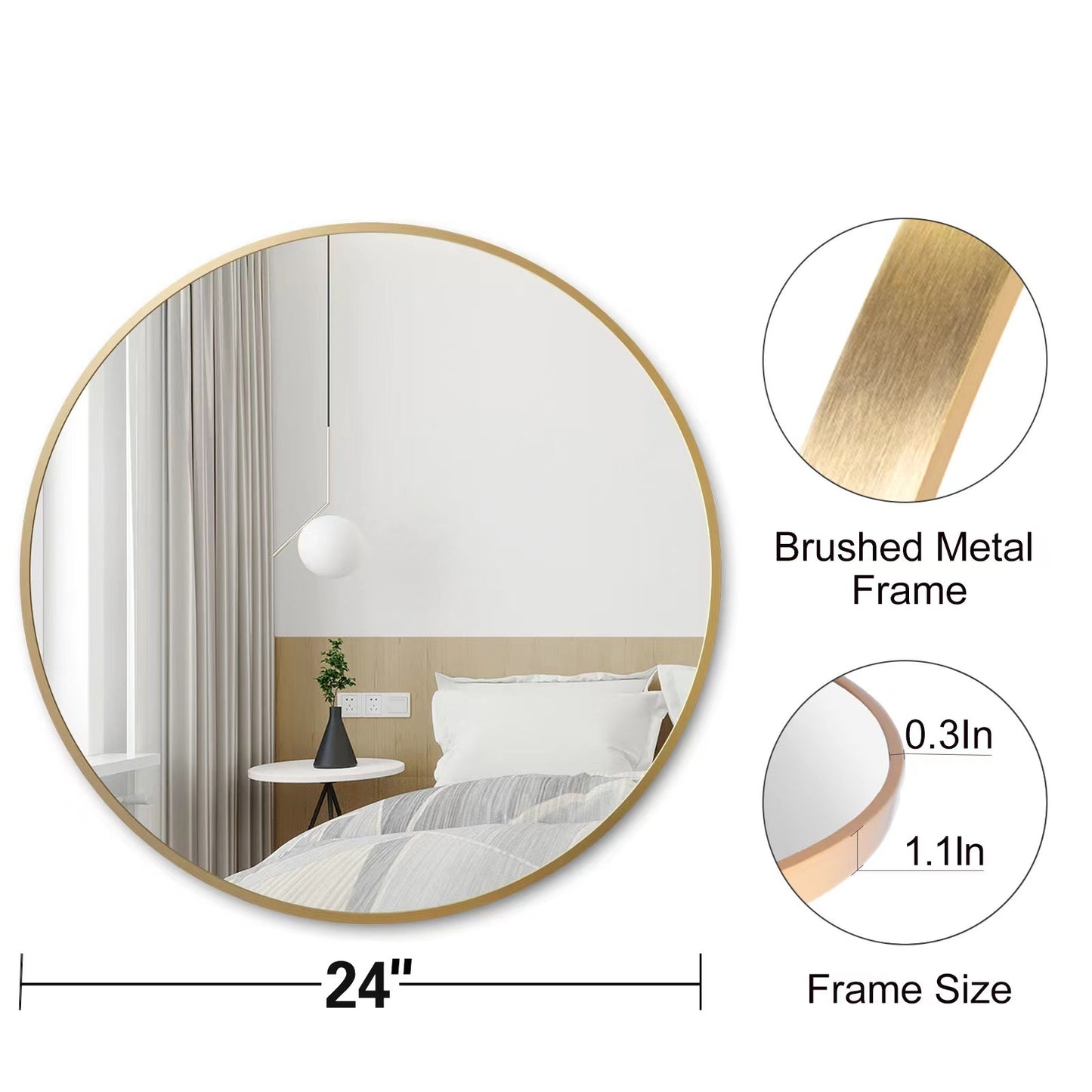 Circle Mirror 24 Inch, Gold Round Wall Mirror Suitable for Bedroom, Living Room, Bathroom, Entryway Wall Decor and More, Brushed Aluminum Frame Large Circle Mirrors for Wall