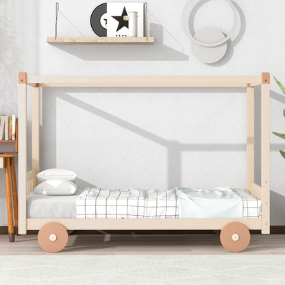 Twin Size Canopy Car-Shaped Platform Bed,Natural+Brown