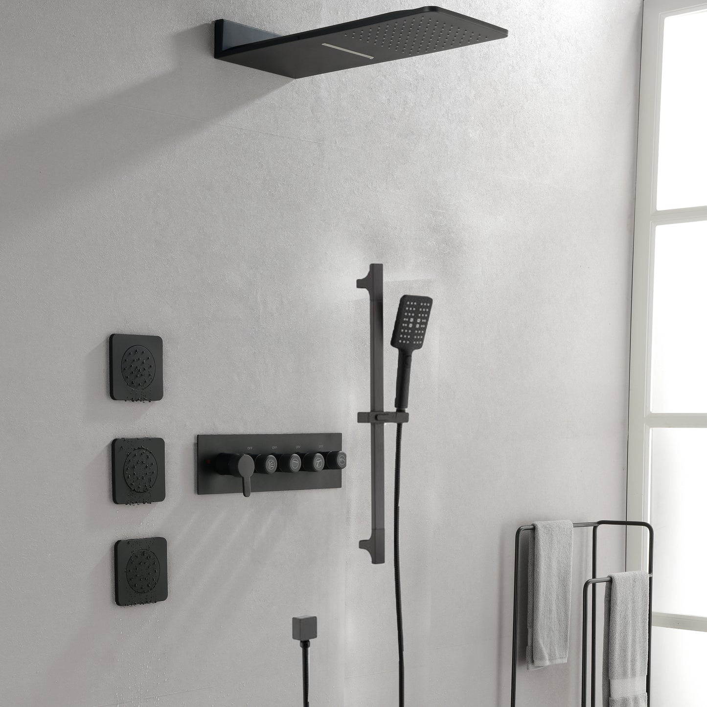 Wall Mounted Waterfall Rain Shower System With 3 Body Sprays & Handheld Shower   Series Dual Function Pressure Balanced Shower System with Integrated Volume Control, Shower Head, and Hand Shower