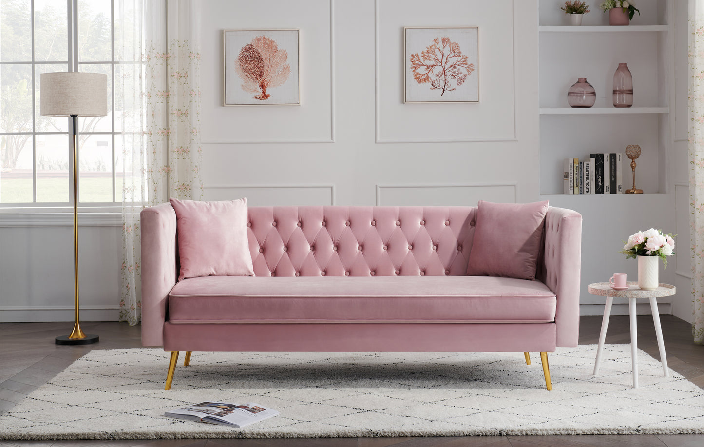 Modern Flat Armrest Living Room Sofa Pink Three Seat Sofa With Two Throw Pillows