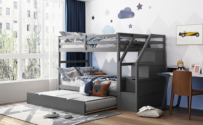 Twin-Over-Twin Bunk Bed with Twin Size Trundle and 3 Storage Stairs (Gray)