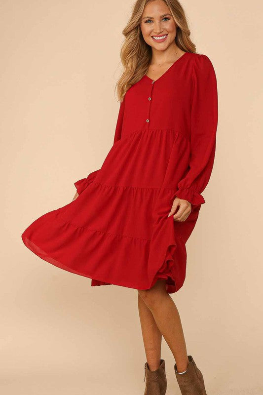 V NECK BUTTON DETAIL RUFFLE HEM TIERED DRESS