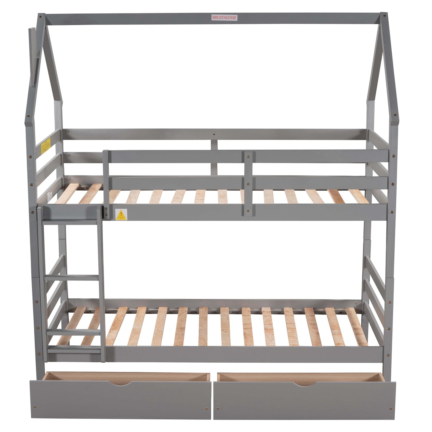 Twin over Twin House Bunk Bed with Two Drawers and Chimney Design,Gray