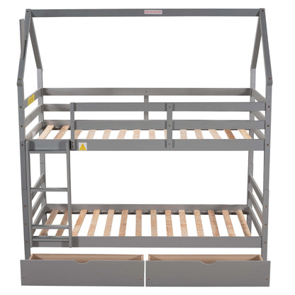 Twin over Twin House Bunk Bed with Two Drawers and Chimney Design,Gray