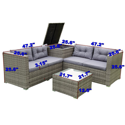 4 Piece Patio Sectional Wicker Rattan Outdoor Furniture Sofa Set with Storage Box Grey