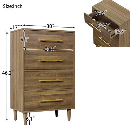 Mid-Century Modern Chest with Golden Handles, Four-Drawer, Natural Walnut