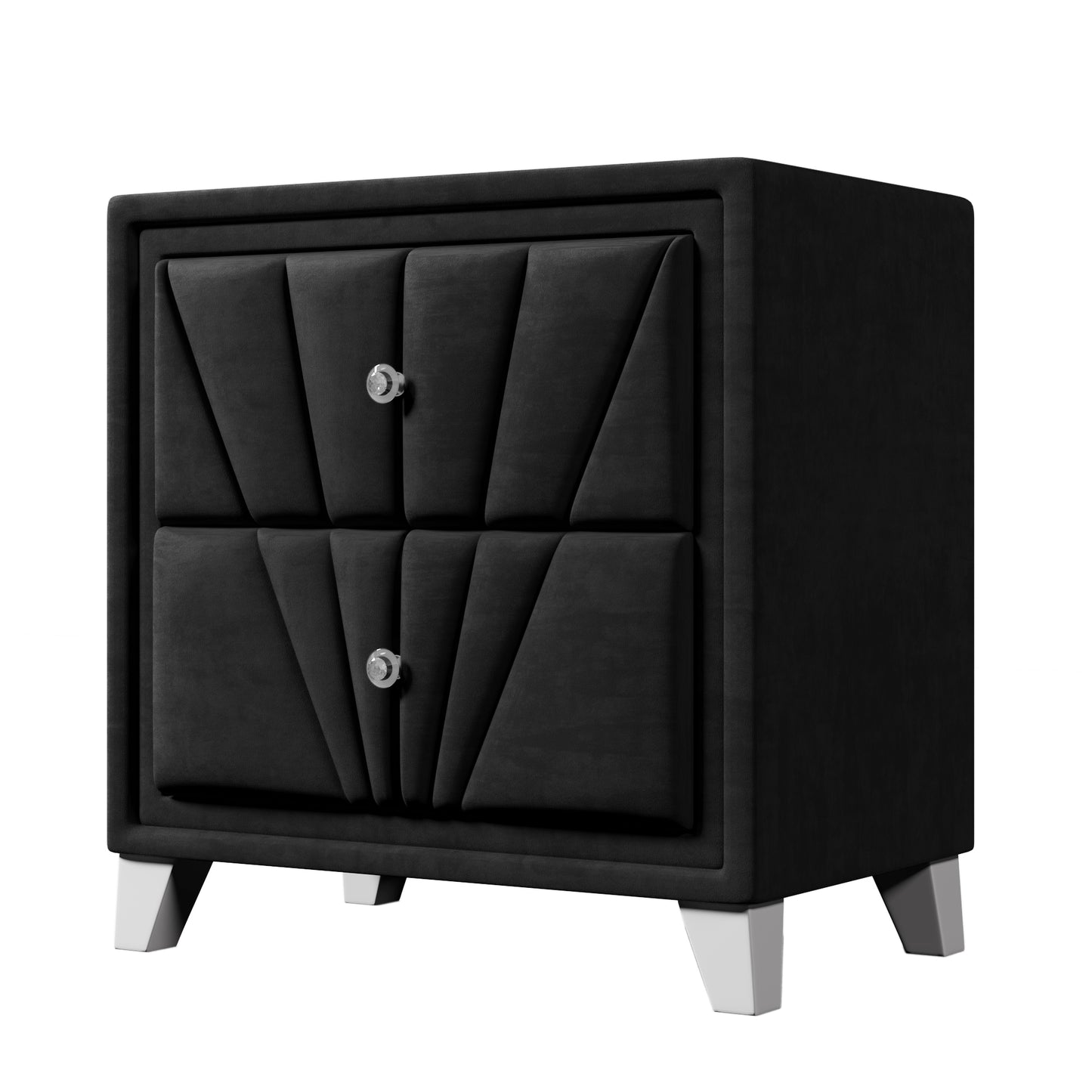 Contemporary Velvet Upholstered Glass Top Nightstand End table with Two Drawers Gray Solid Wood,Black