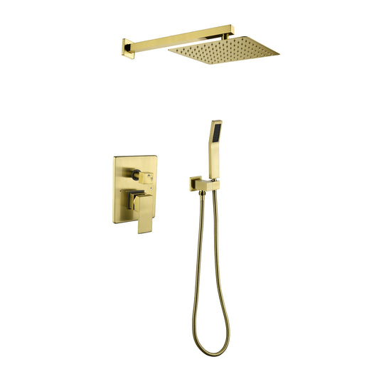 Brushed Gold Shower System, Bathroom 10 Inches Rain Shower Head with Handheld Combo Set, Wall Mounted High Pressure Rainfall Dual Shower Head System, Shower Faucet Set with Valve and Trim