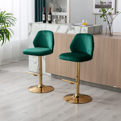 Swivel Bar Stools Chair Set of 2 Modern Adjustable Counter Height Bar Stools, Velvet Upholstered Stool with Tufted High Back & Ring Pull for Kitchen , Chrome Golden Base, Green