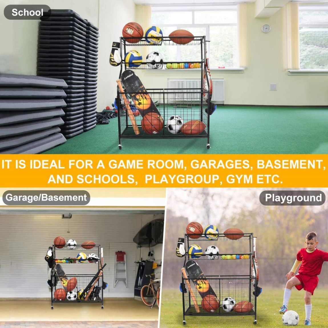 Sports Equipment Organizer, Sports Gear Basketball Storage with Baskets and Hooks,Ball Storage Rack, Garage Ball Storage, Sports Gear Storage,Rolling Sports Ball Storage Cart, Black