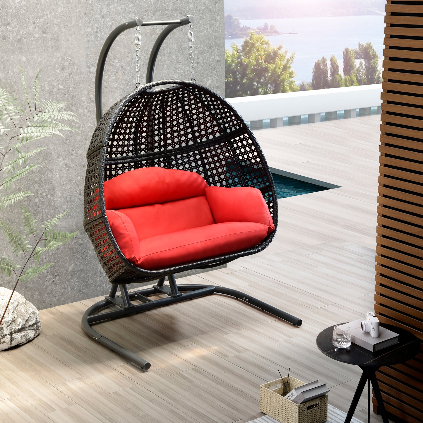 Patio PE Rattan Double Swing Chair With Stand, Two Person Hanging Chair for Balcony, Courtyard