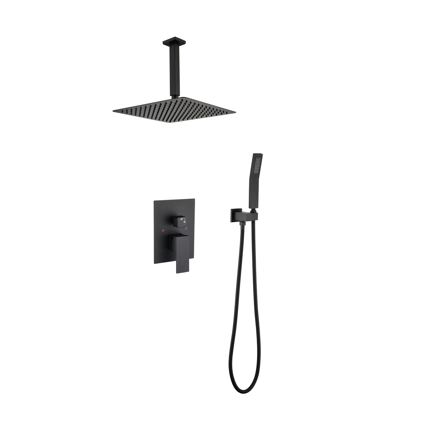 16 Inches Matte Black Shower Set System Bathroom Luxury Rain Mixer Shower Combo Set Ceiling Mounted Rainfall Shower Head Faucet (Contain Shower Faucet Rough-In Valve Body and Trim)