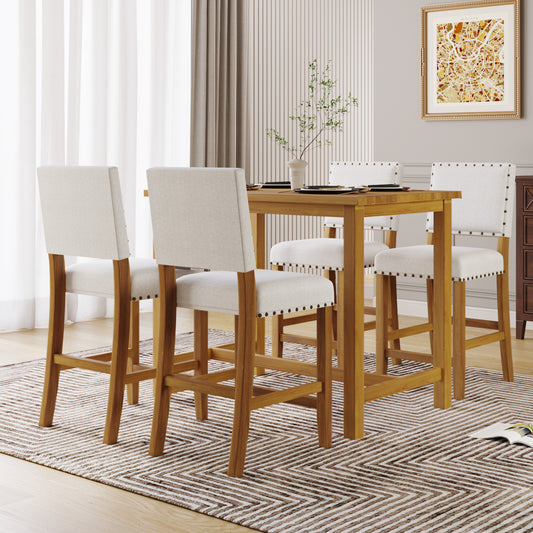 TOPMAX 5 Piece Rustic Wooden Counter Height Dining Table Set with 4 Upholstered Chairs for Small Places, Natural+Beige