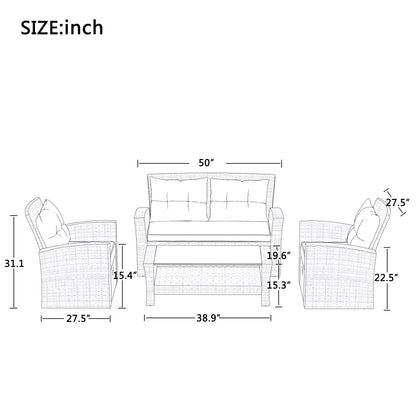 U-style Patio Furniture Set, 4 Piece Outdoor Conversation Set All Weather Wicker Sectional Sofa with Ottoman and Cushions