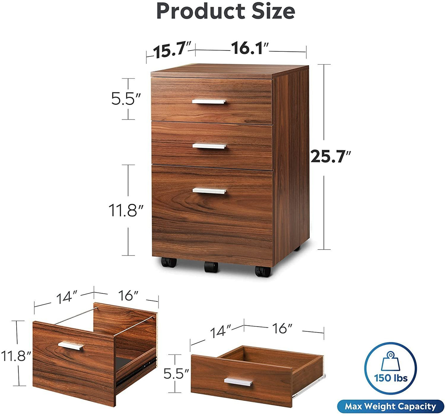 3 Drawer Wood Mobile File Cabinet, Rolling Filing Cabinet for Letter/A4 Size, Walnut