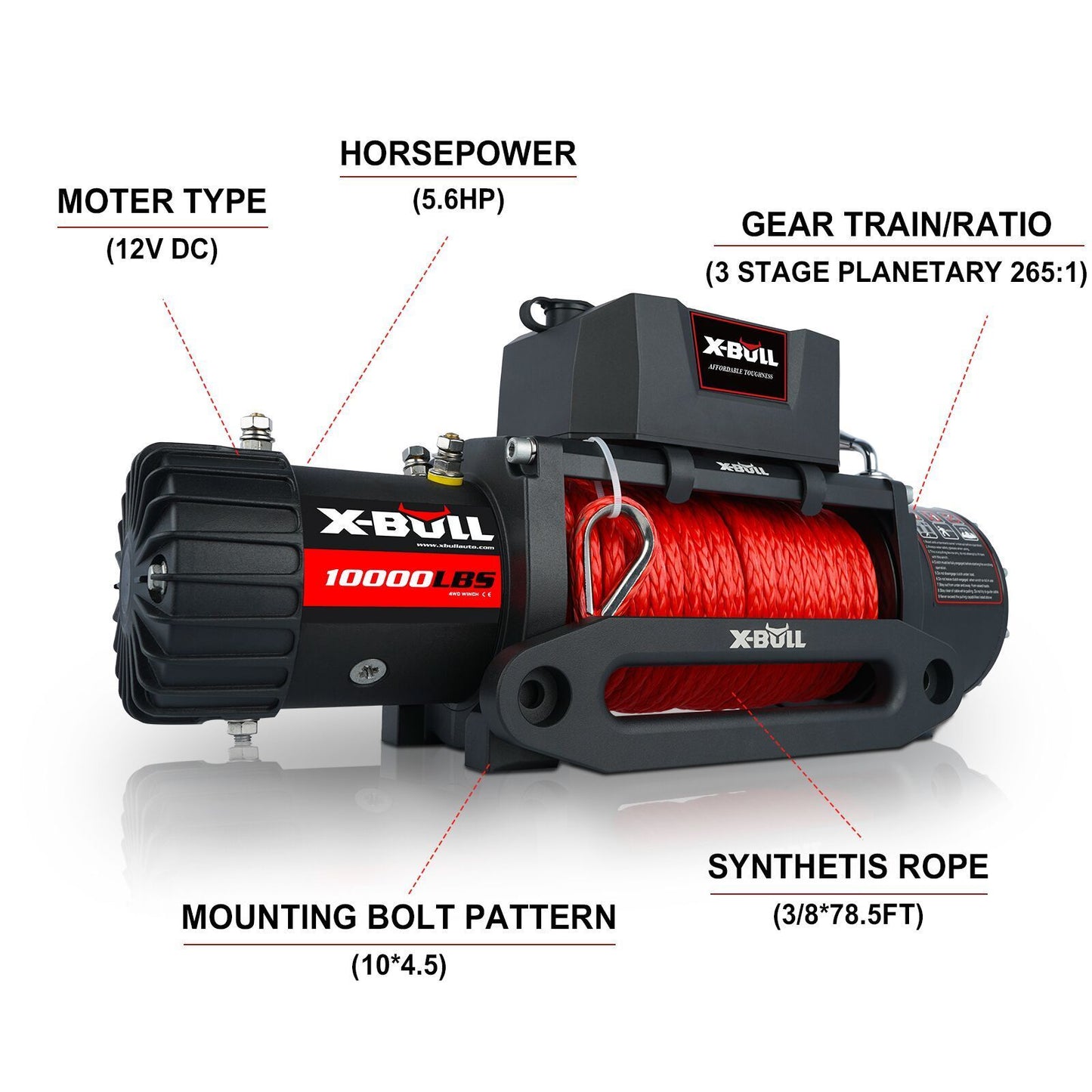 X-BULL Electric Winch 10000 LBS 12V Synthetic Rope Load Capacity Red Rope Jeep Towing Truck Off Road