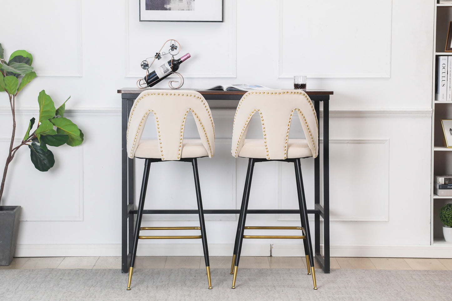 A&A Furniture,Akoya Collection Modern | Contemporary Velvet Upholstered Connor 28" Bar Stool & Counter Stools with Nailheads and Gold Tipped Black Metal Legs,Set of 2 (Beige)