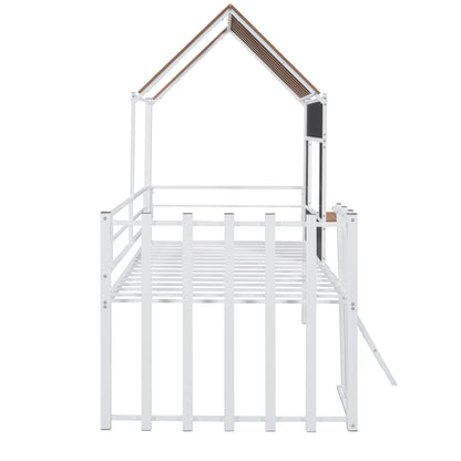 Metal Twin size Loft Bed with Roof, Window, Guardrail, Ladder White