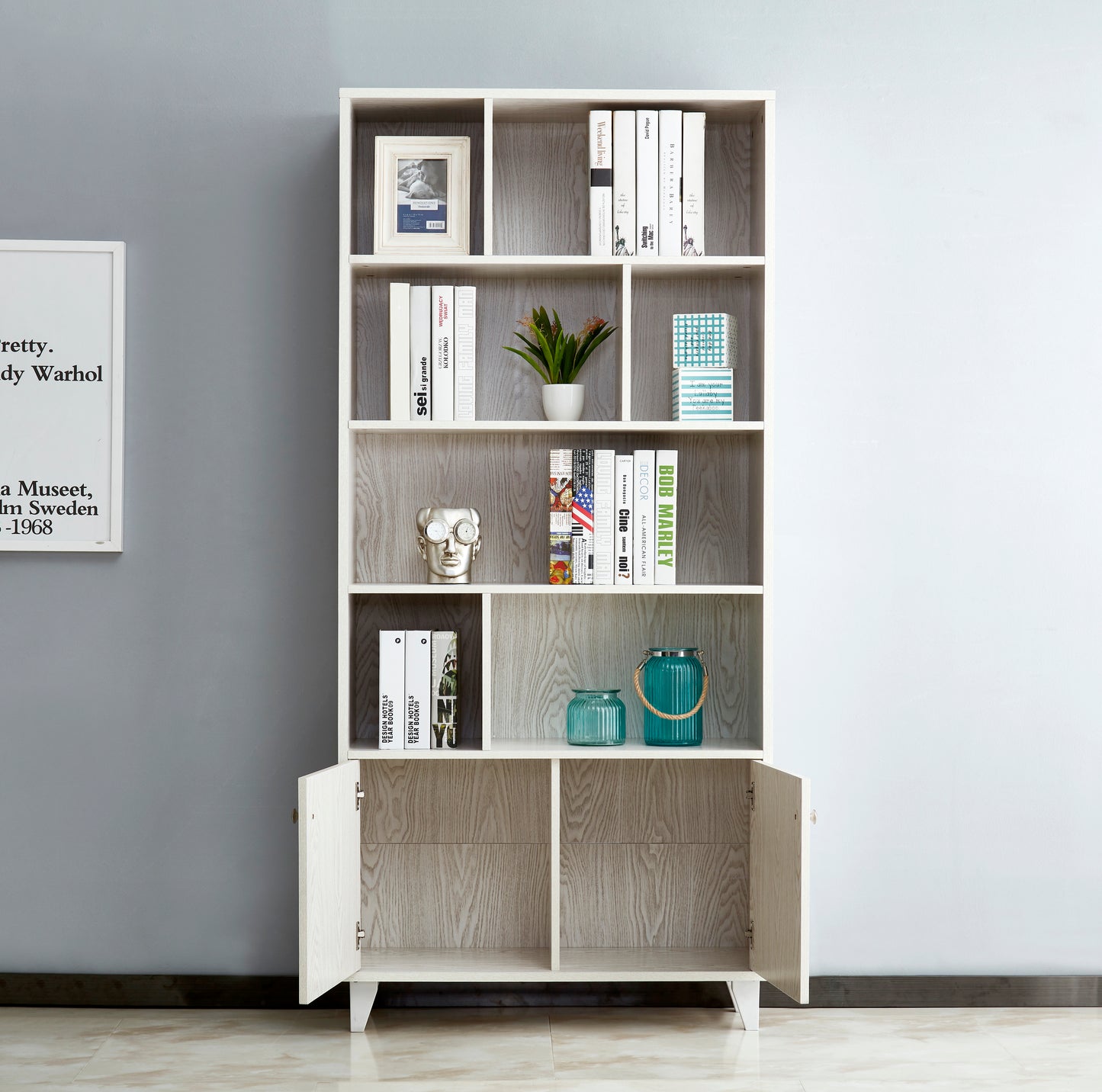 68" Bookcase with 2 Doors, Bookshelf, White