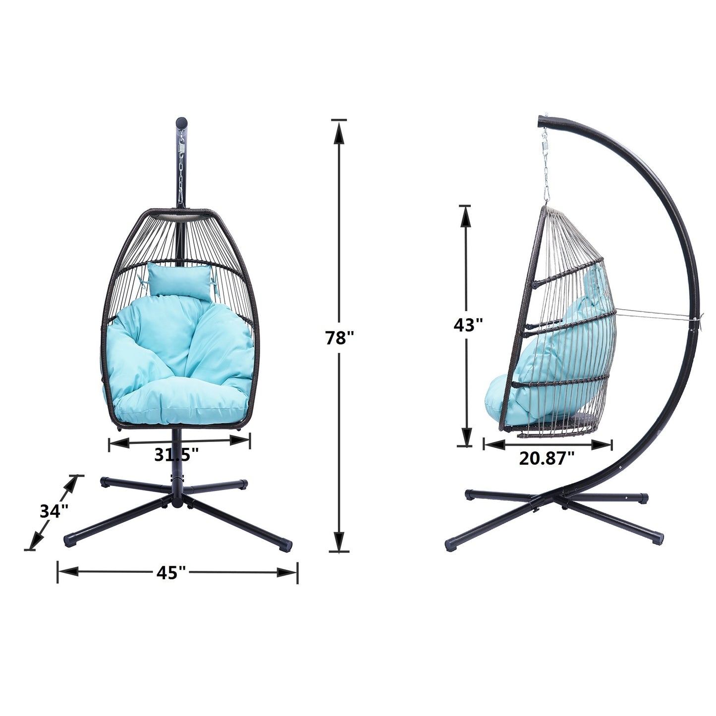 Patio Wicker folding Hanging Chair,Rattan Swing Hammock Egg Chair with C Type bracket , with cushion and pillow,for Indoor,Outdoor，Blue