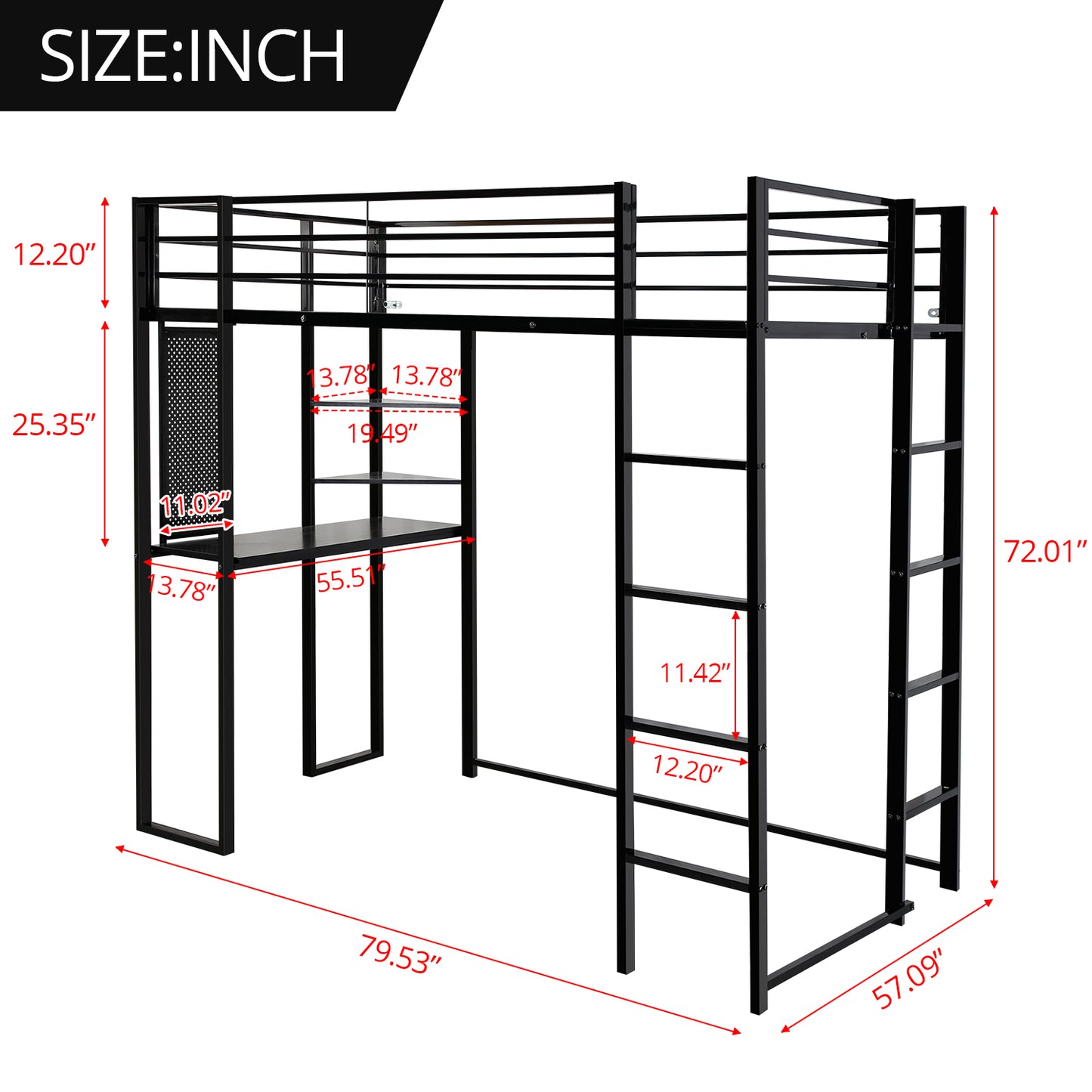 Full Size Loft Bed with Desk and Shelves, Metal Loft Bed with 2 Built-in Ladders, Full-length Guardrail, Hold up to 240lbs,Noise Free,79.53"L x 57.09"W x 72.01"H