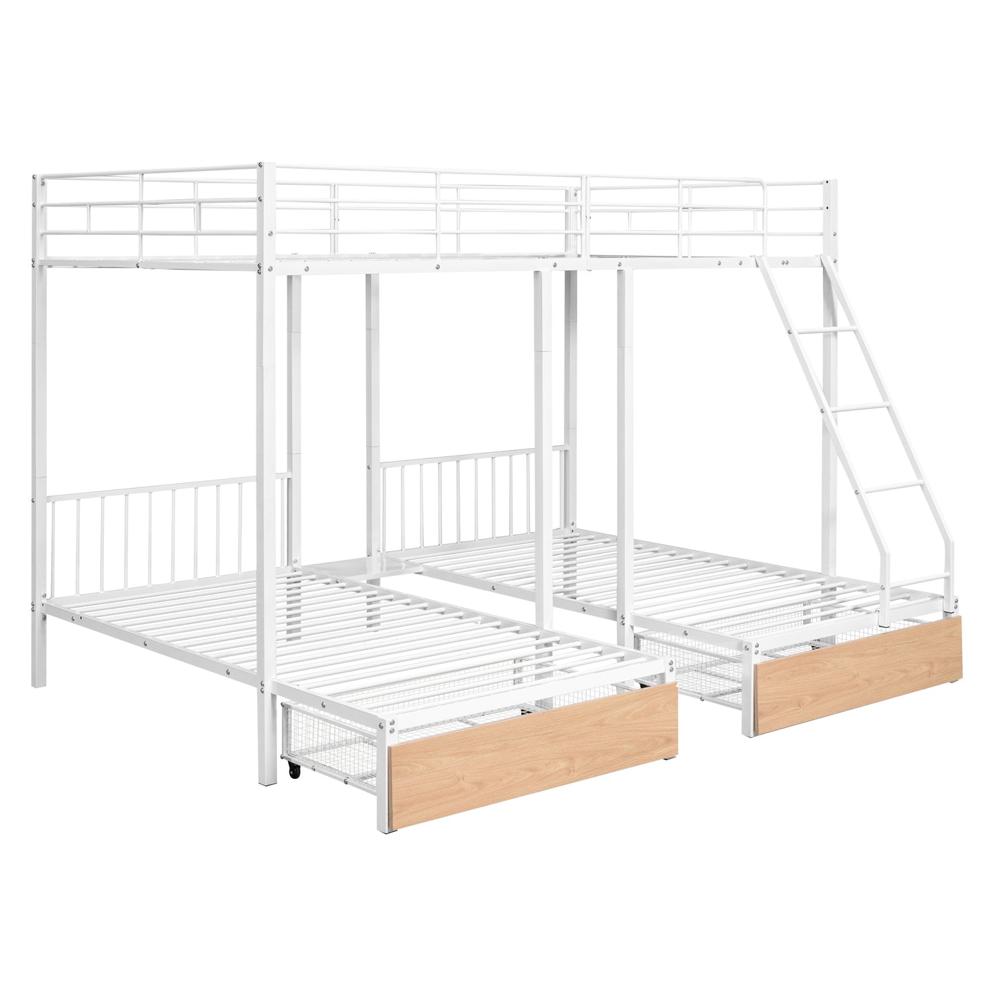 Full Over Twin & Twin Bunk Bed, Metal Triple Bunk Bed with Drawers and Guardrails, White