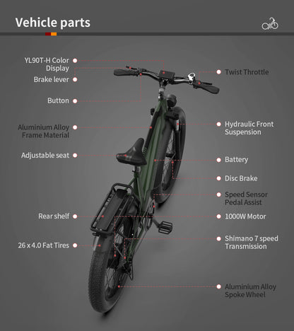 AOSTIRMOTOR new pattern 26" 1000W Electric Bike Fat Tire 52V15AH Removable Lithium Battery for Adults