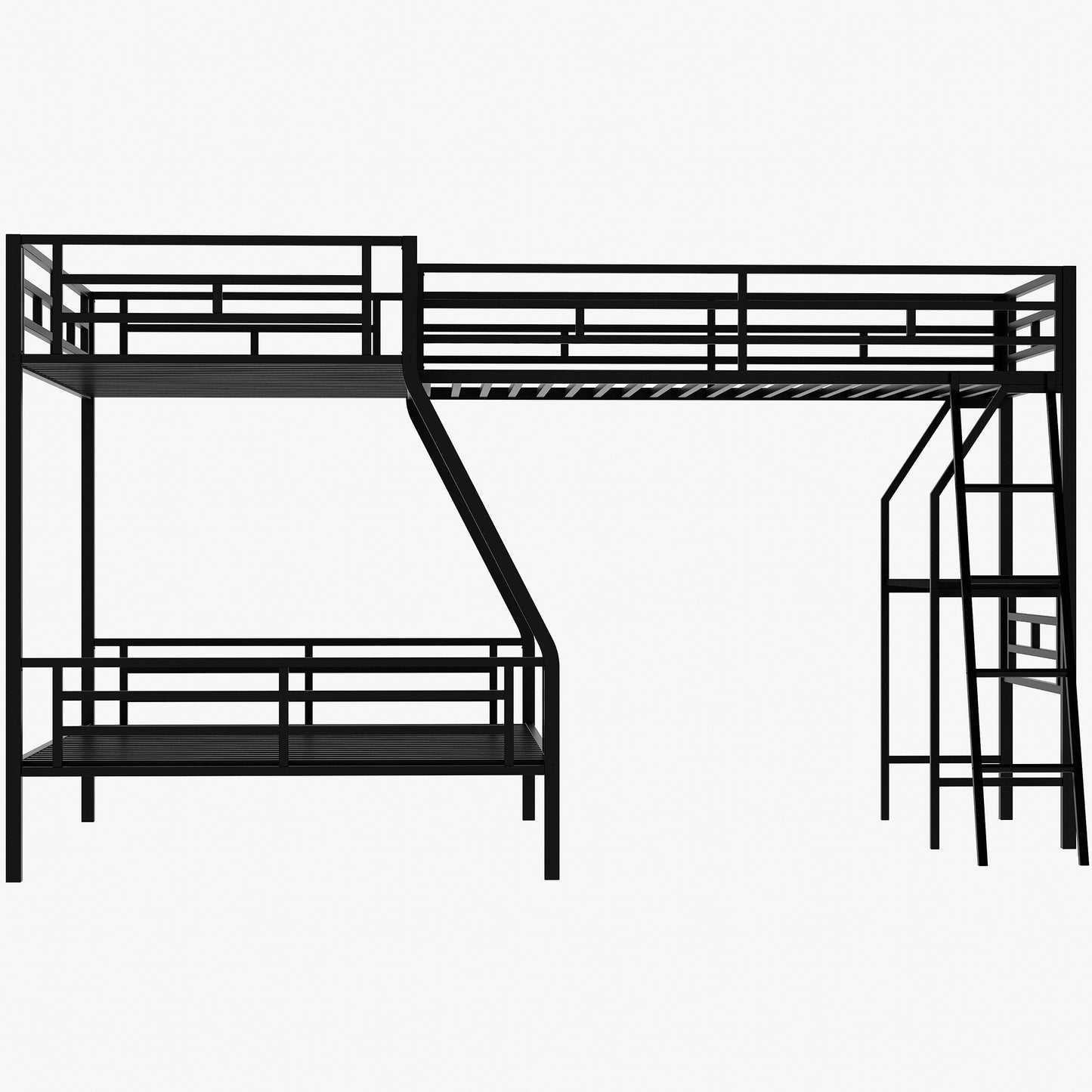 Twin over Full Bunk Bed with a Twin Size Loft Bed attached, with a Desk, Metal, Black