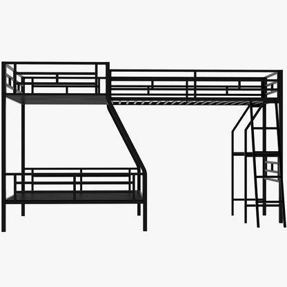 Twin over Full Bunk Bed with a Twin Size Loft Bed attached, with a Desk, Metal, Black